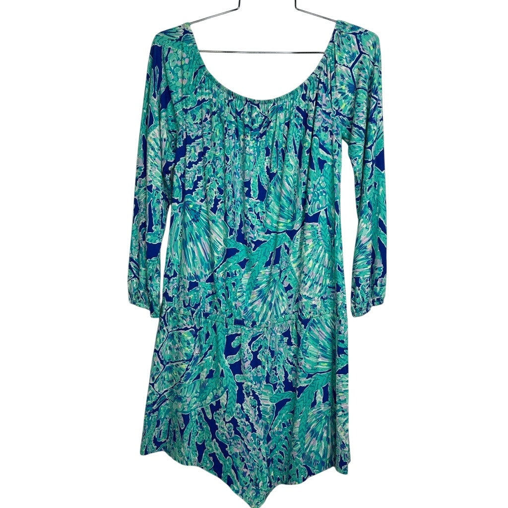 476. Lilly Pulitzer Printed Romper Size S Blue Green 3/4 Sleeve