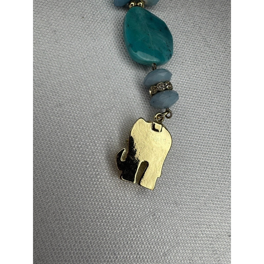 447. Blue Aqua Beaded Statement Necklace Gold Tone Elephant Charm