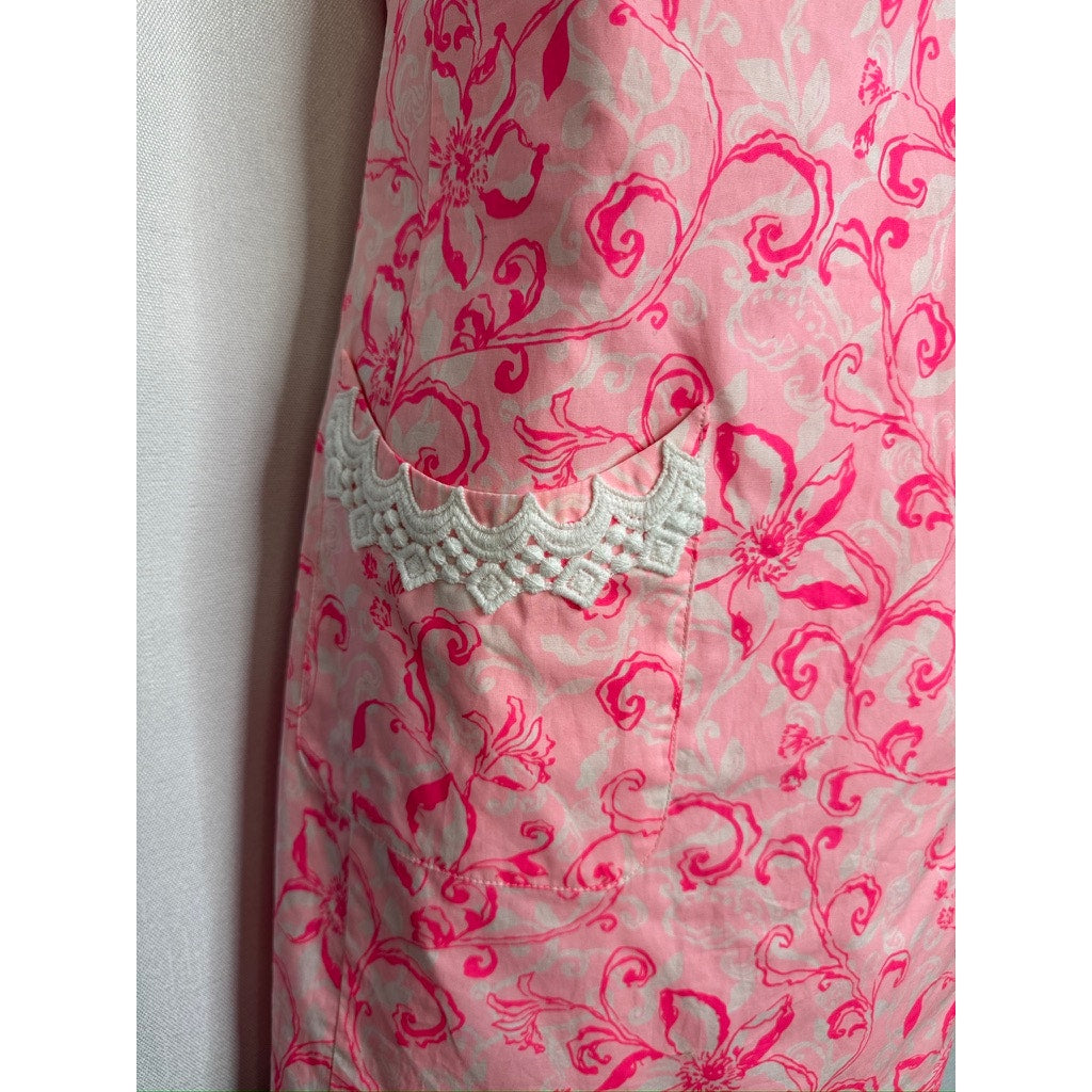 553. Lilly Pulitzer Pink Floral Sleeveless Beautiful Romper with lace trim Size 12
