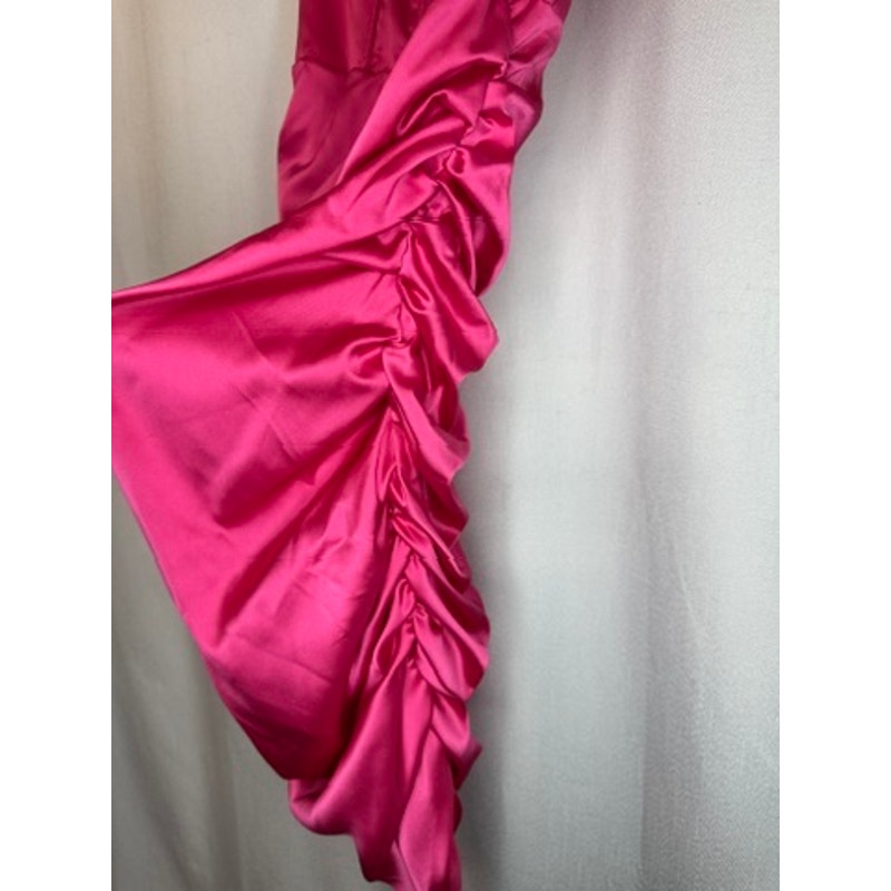 375. Sugar Thrillz Hot Pink Satin Ruched Bodycon Mini Dress Size XXS
