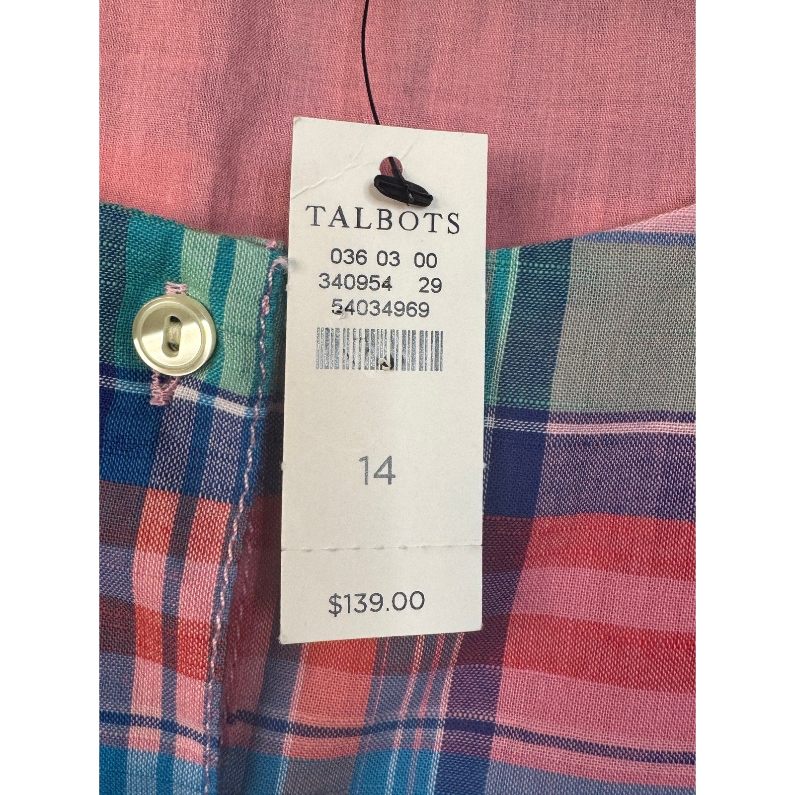 354. NWT Talbots Pink Blue Plaid Sleeveless Belted Dress Size 14