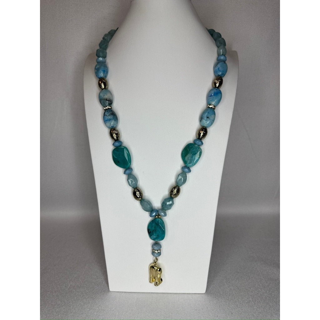 447. Blue Aqua Beaded Statement Necklace Gold Tone Elephant Charm