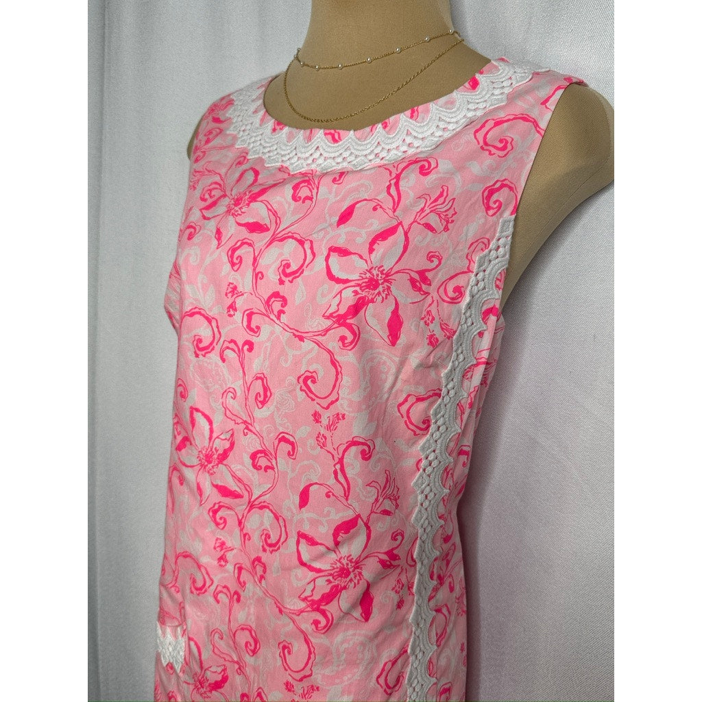553. Lilly Pulitzer Pink Floral Sleeveless Beautiful Romper with lace trim Size 12