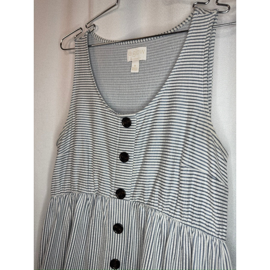 376. A Glow Maternity Blue White Striped Button Front Dress Size M