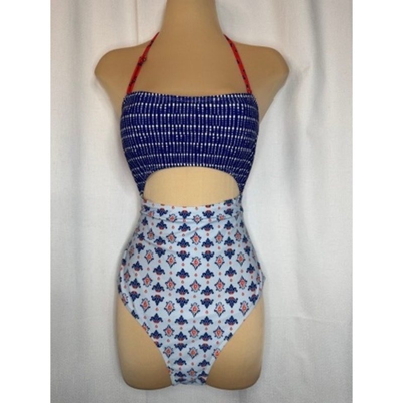 374. Cupshe Cutout One Piece Swimsuit Blue Red Geometric Print Size M