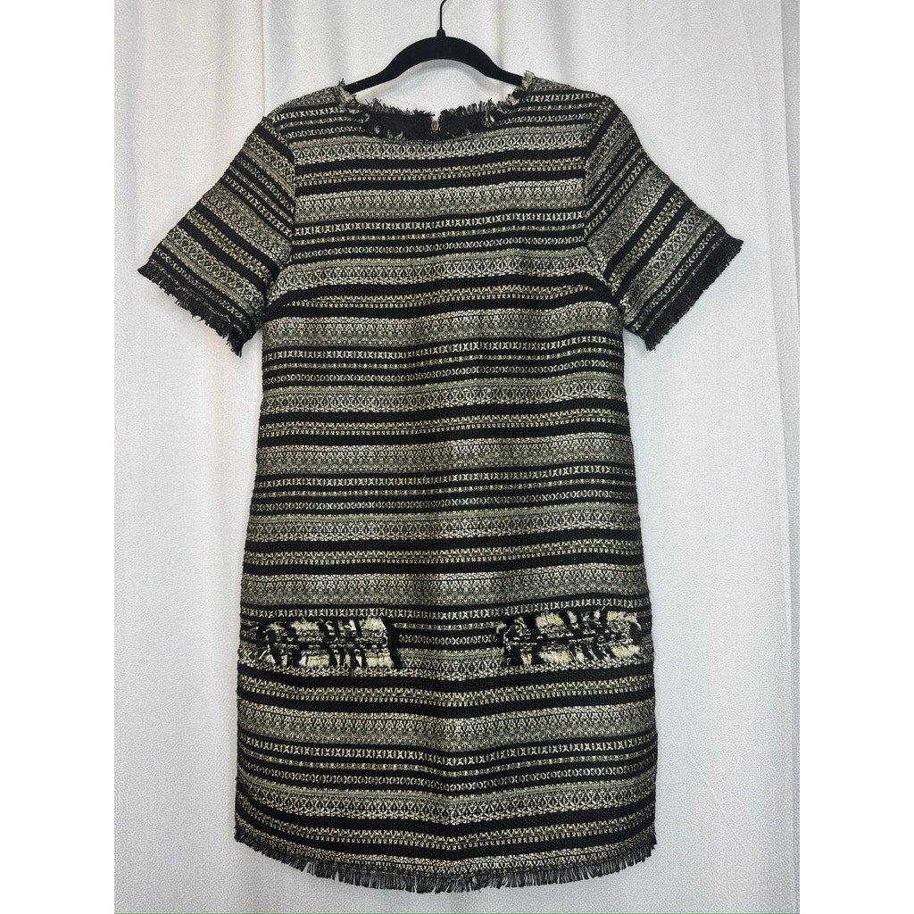 396. Darling Textured Fringe Pocket Shift Dress Black Cream