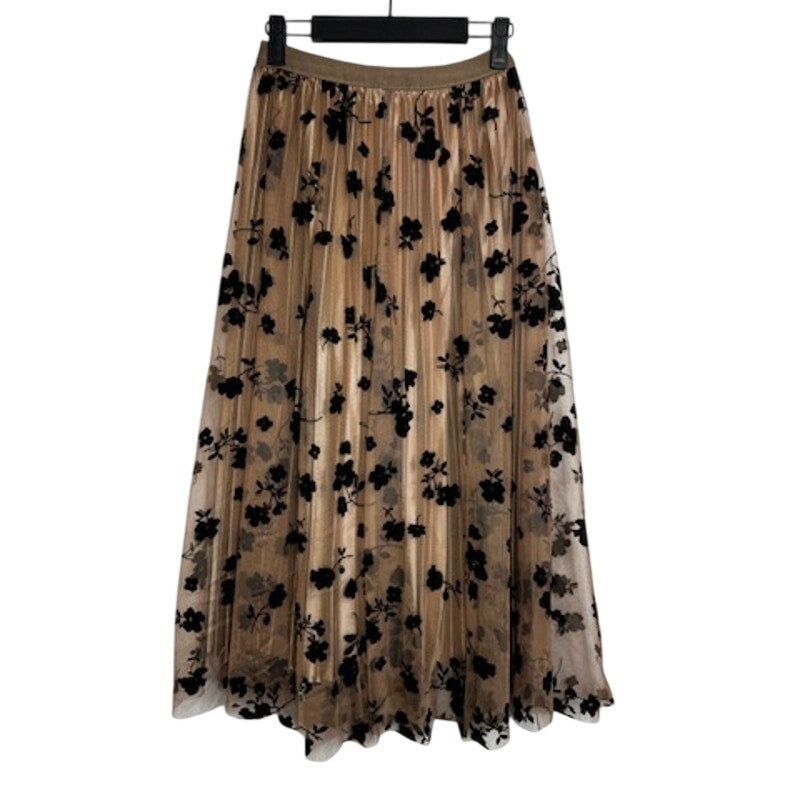 480. Beige Black Floral Pleated Mesh Midi Skirt Size L