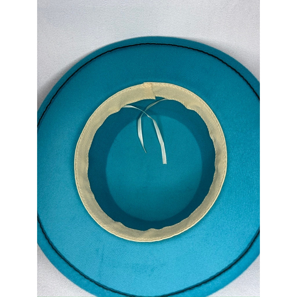 450. Teal Floral Derby Boater Hat Wide Brim One Size