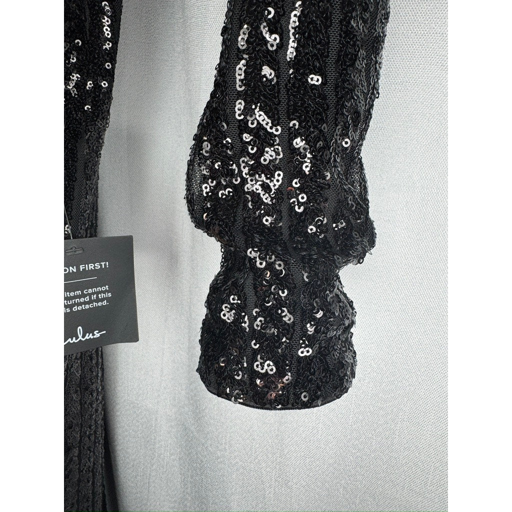 395. Lulu's Black Sequin Plunge V-Neck Long Sleeve Maxi Gown Size M NWT