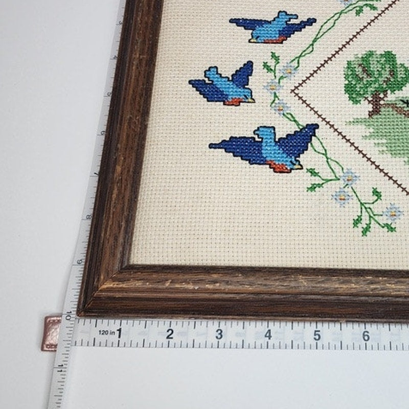 525. Framed Handcrafted Cross Stitch Bluebirds Landscape Wall Art