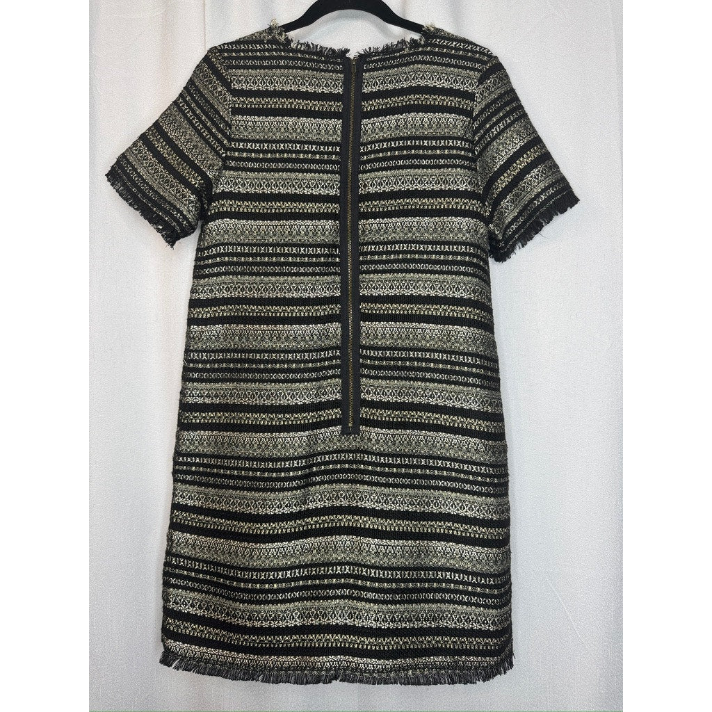 396. Darling Textured Fringe Pocket Shift Dress Black Cream