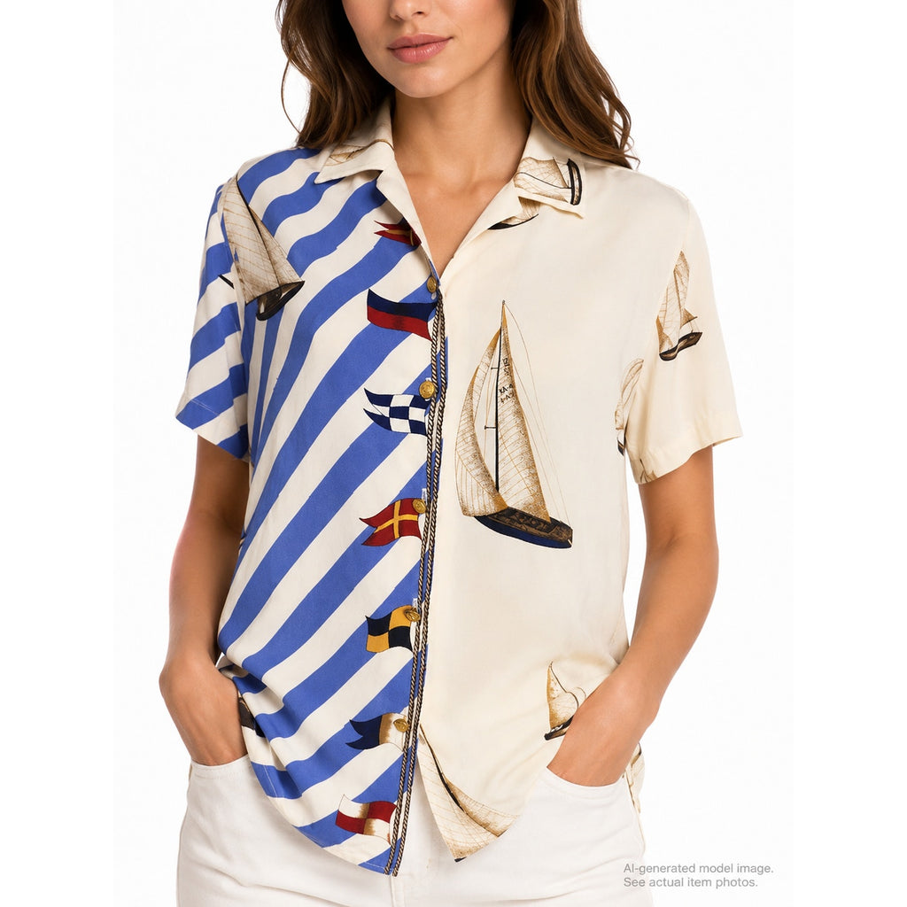 551. Lauren Ralph Lauren Petite Silk Sailboat Nautical Shirt P/P