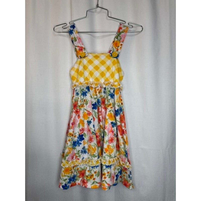 368. Jona Michelle Girls Floral Yellow Gingham Sundress Size 7